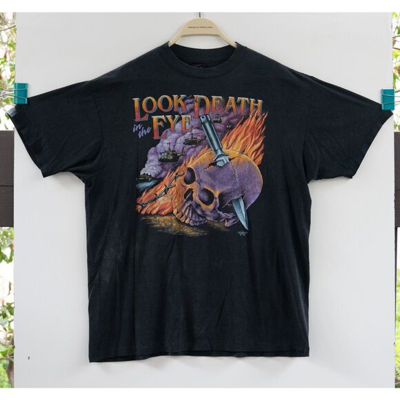 Vintage 1990 Look Death In The Eyes - Single Stitch T-Shirt Black Size L - Picture 1 of 10